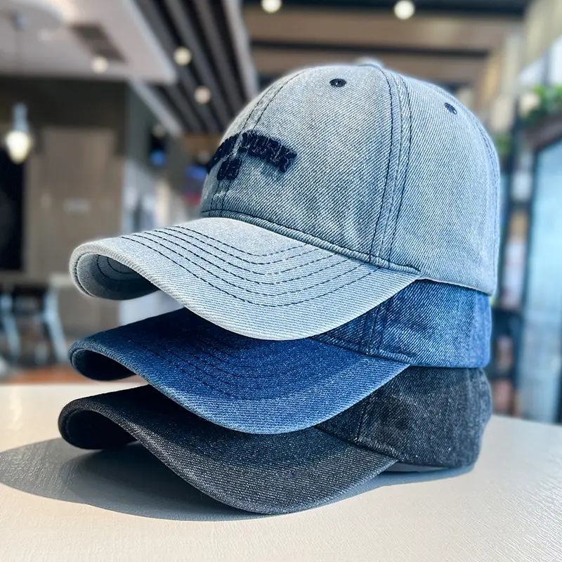 Korean Letter Embroidered Wash Denim Caps - Image 5