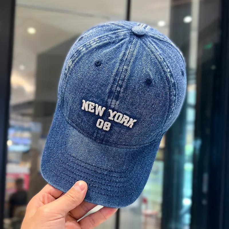 Korean Letter Embroidered Wash Denim Caps - Image 2