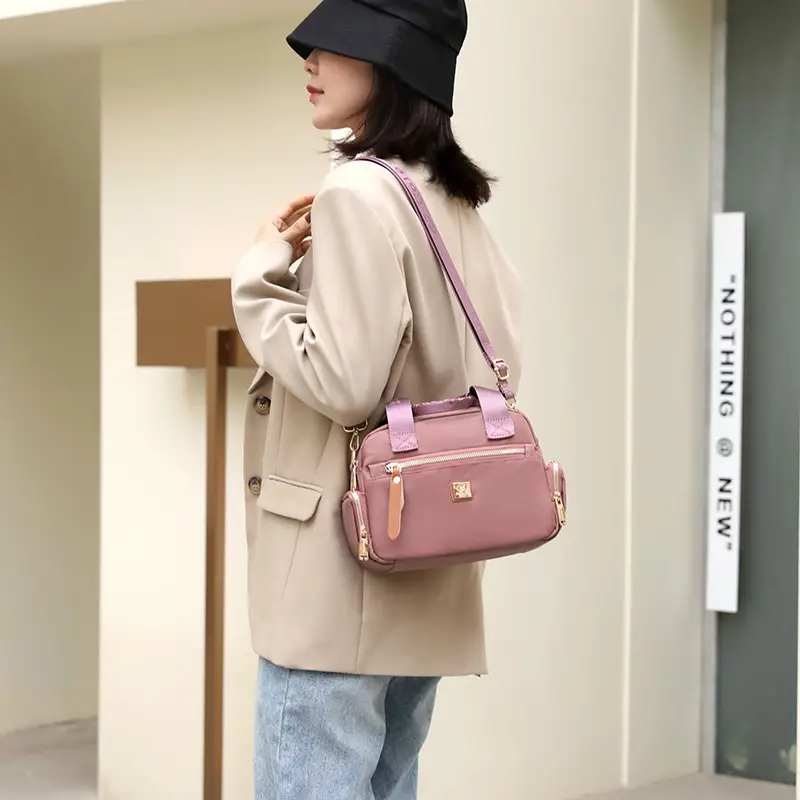 Women's Multi-Layer Shoulder Bag Pink Gold Zip - Image 11