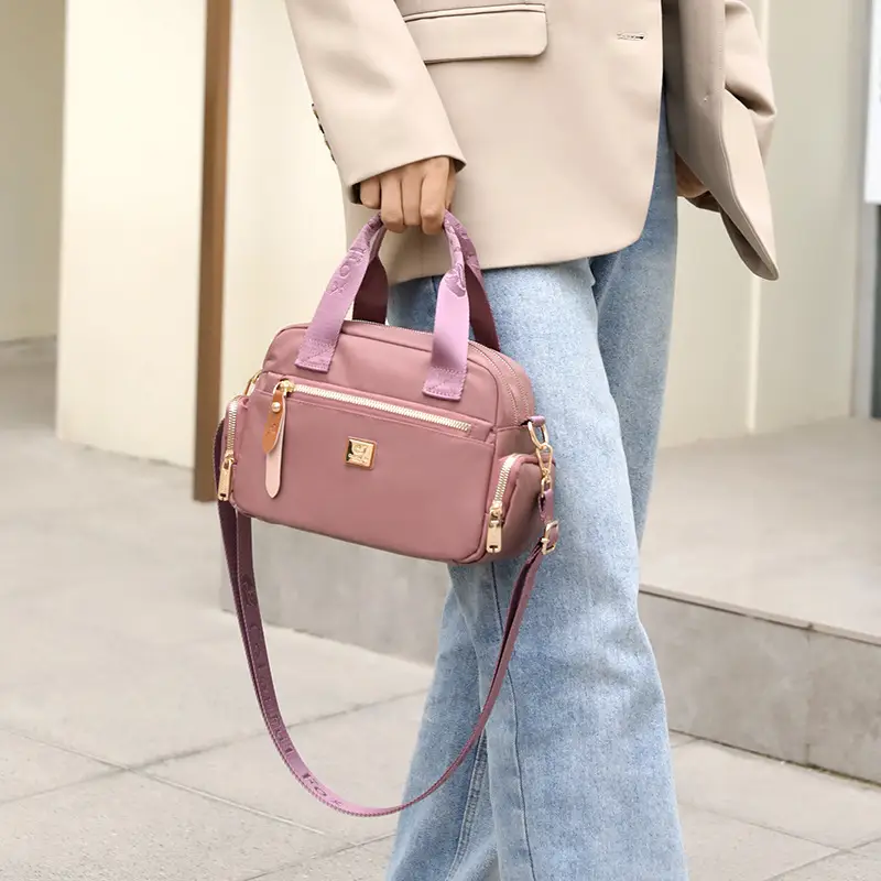 Women's Multi-Layer Shoulder Bag Pink Gold Zip - Image 12