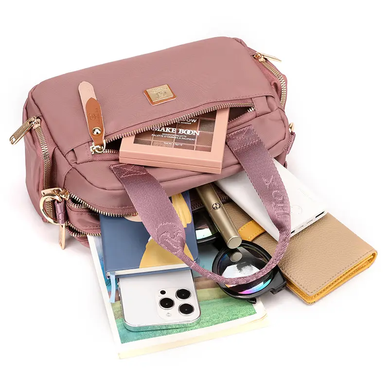 Women's Multi-Layer Shoulder Bag Pink Gold Zip - Image 13