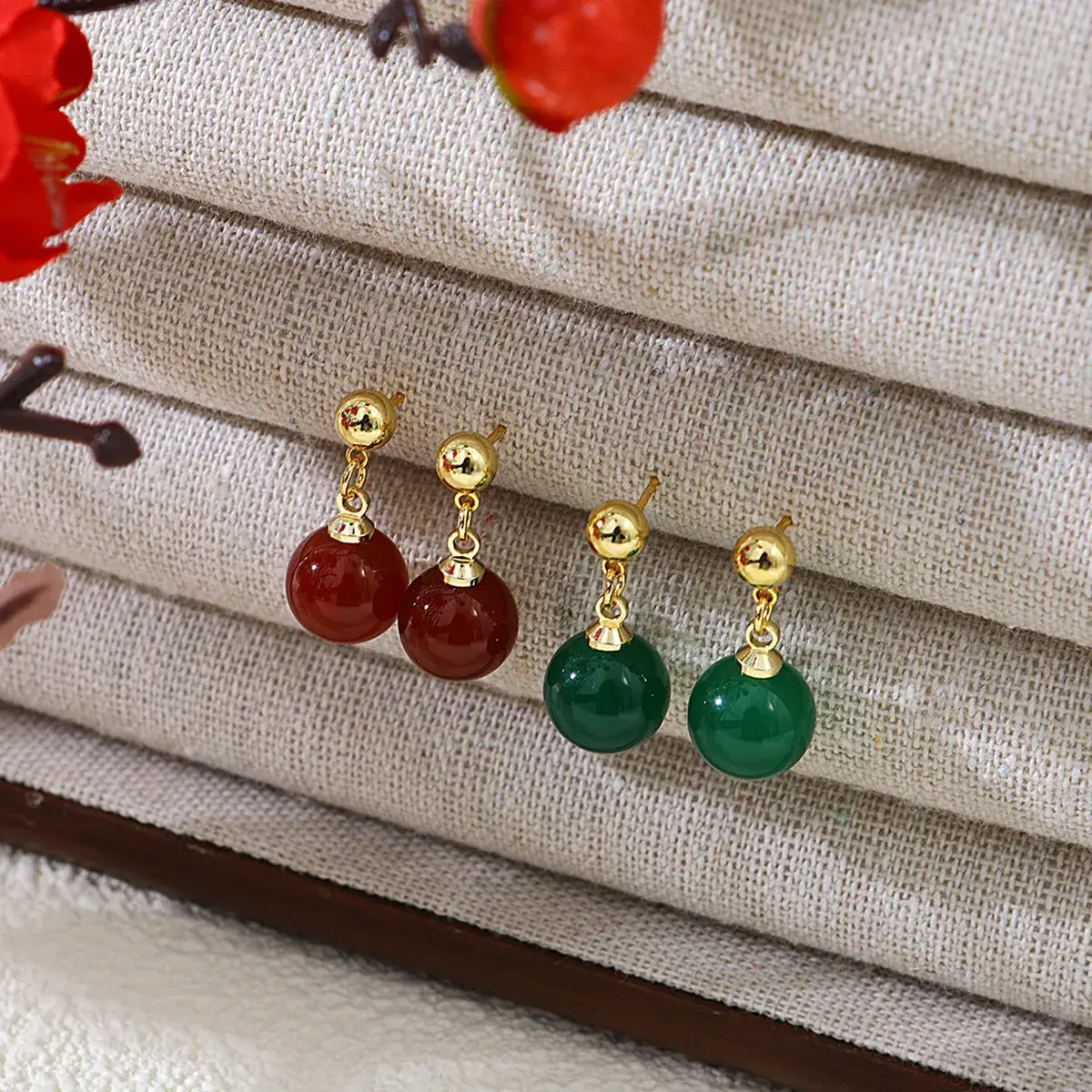 French Retro Earrings with Red & Green Agate & Chalcedony - Image 6
