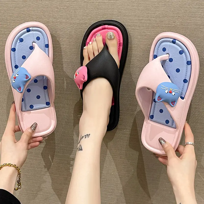Women's Cat Design Sandals Black Pink Flat Slip-On - Image 5