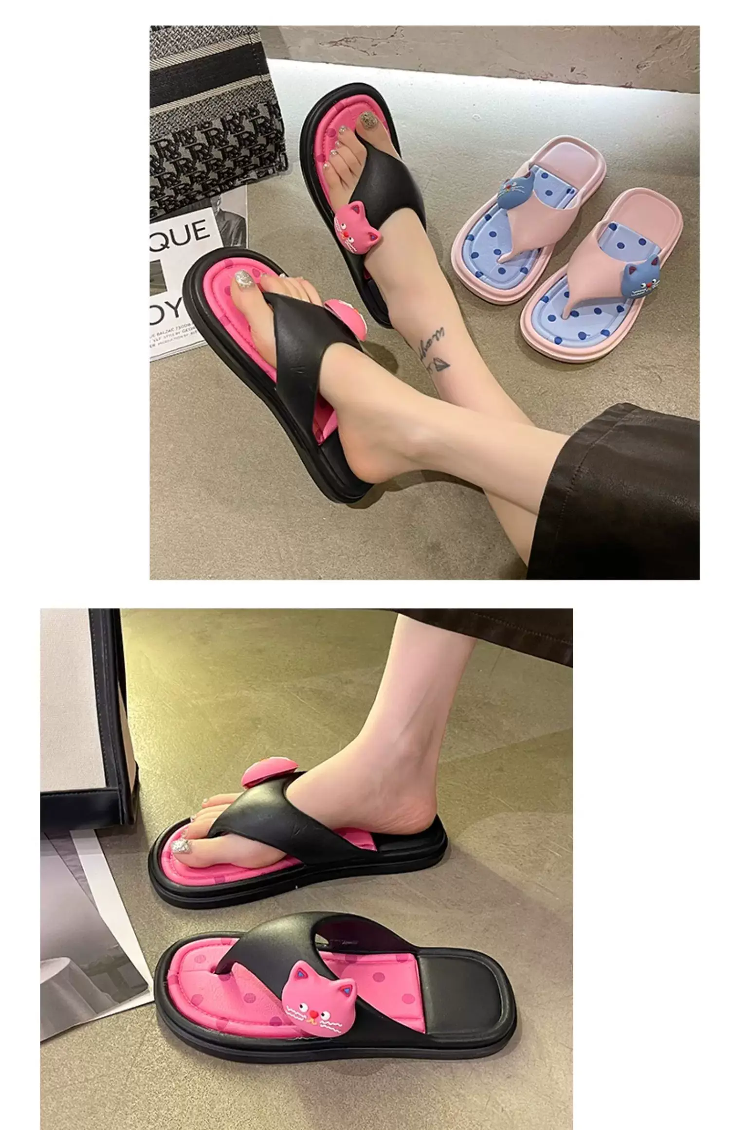 Women's Cat Design Sandals Black Pink Flat Slip-On — feature 10