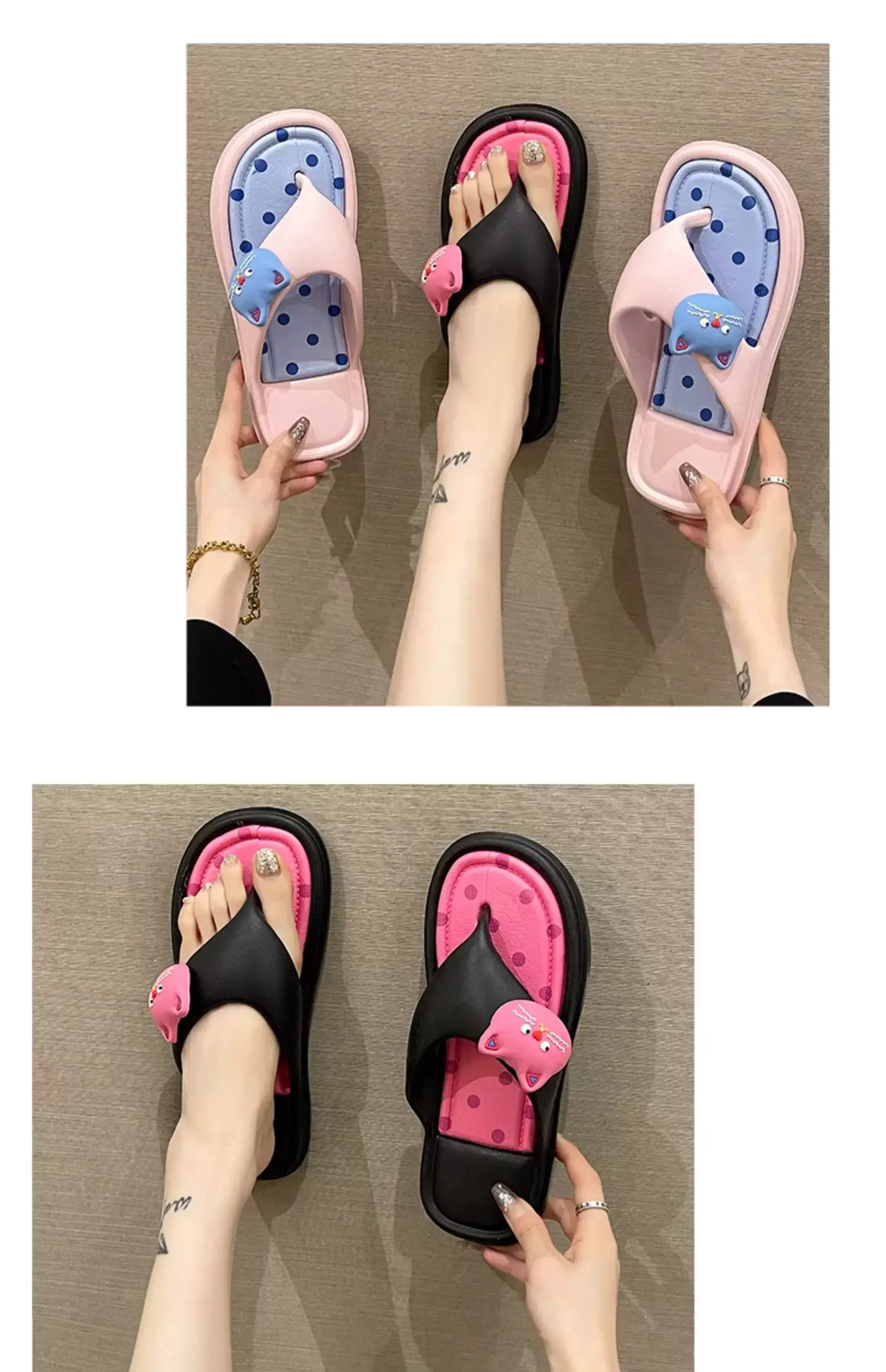 Women's Cat Design Sandals Black Pink Flat Slip-On — feature 12