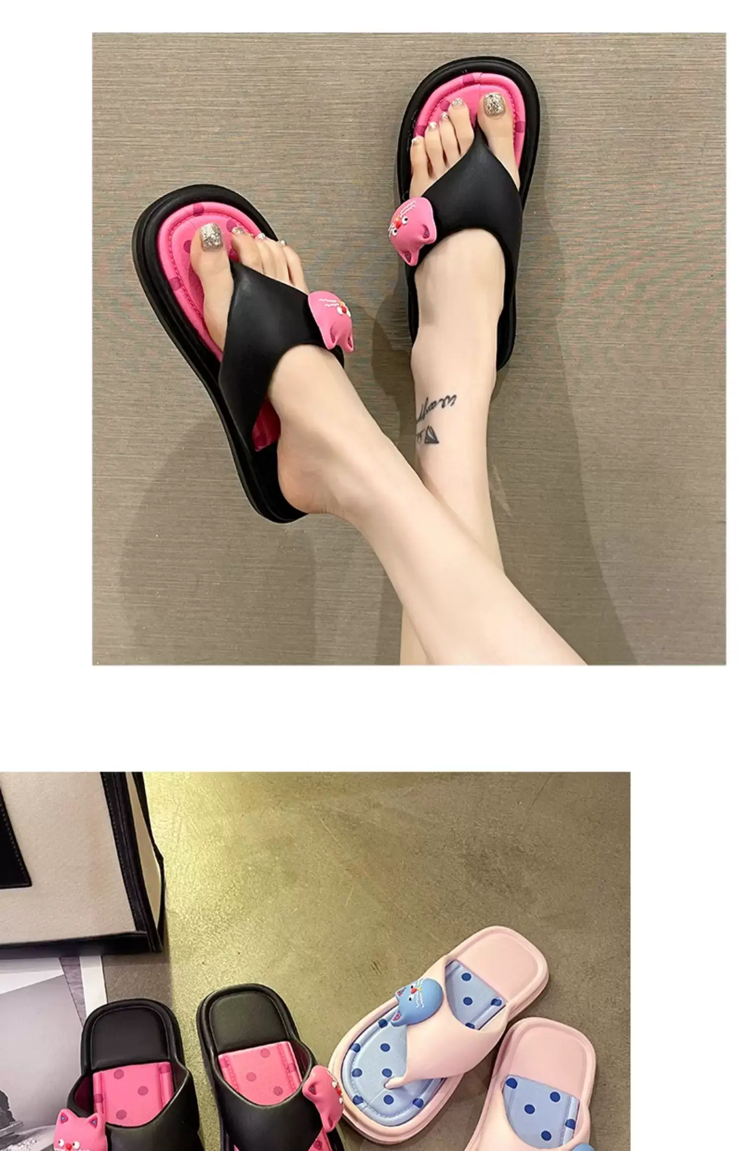 Women's Cat Design Sandals Black Pink Flat Slip-On — feature 14