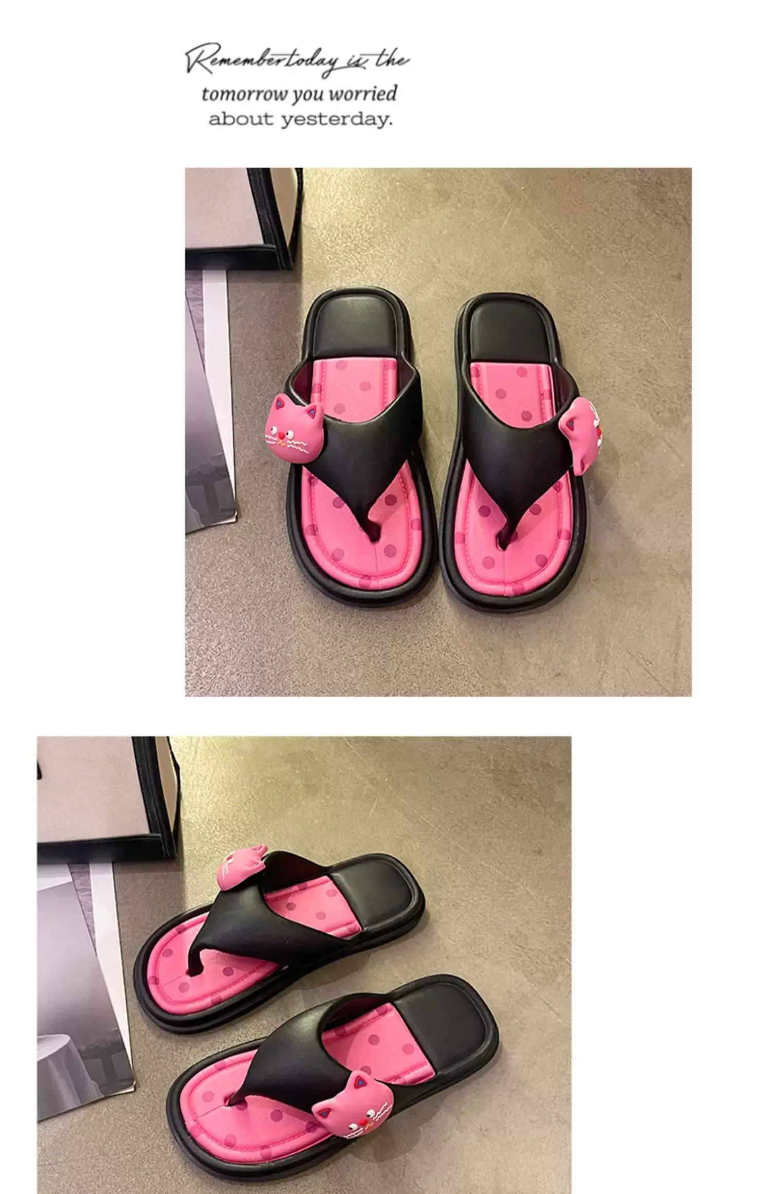 Women's Cat Design Sandals Black Pink Flat Slip-On — feature 16