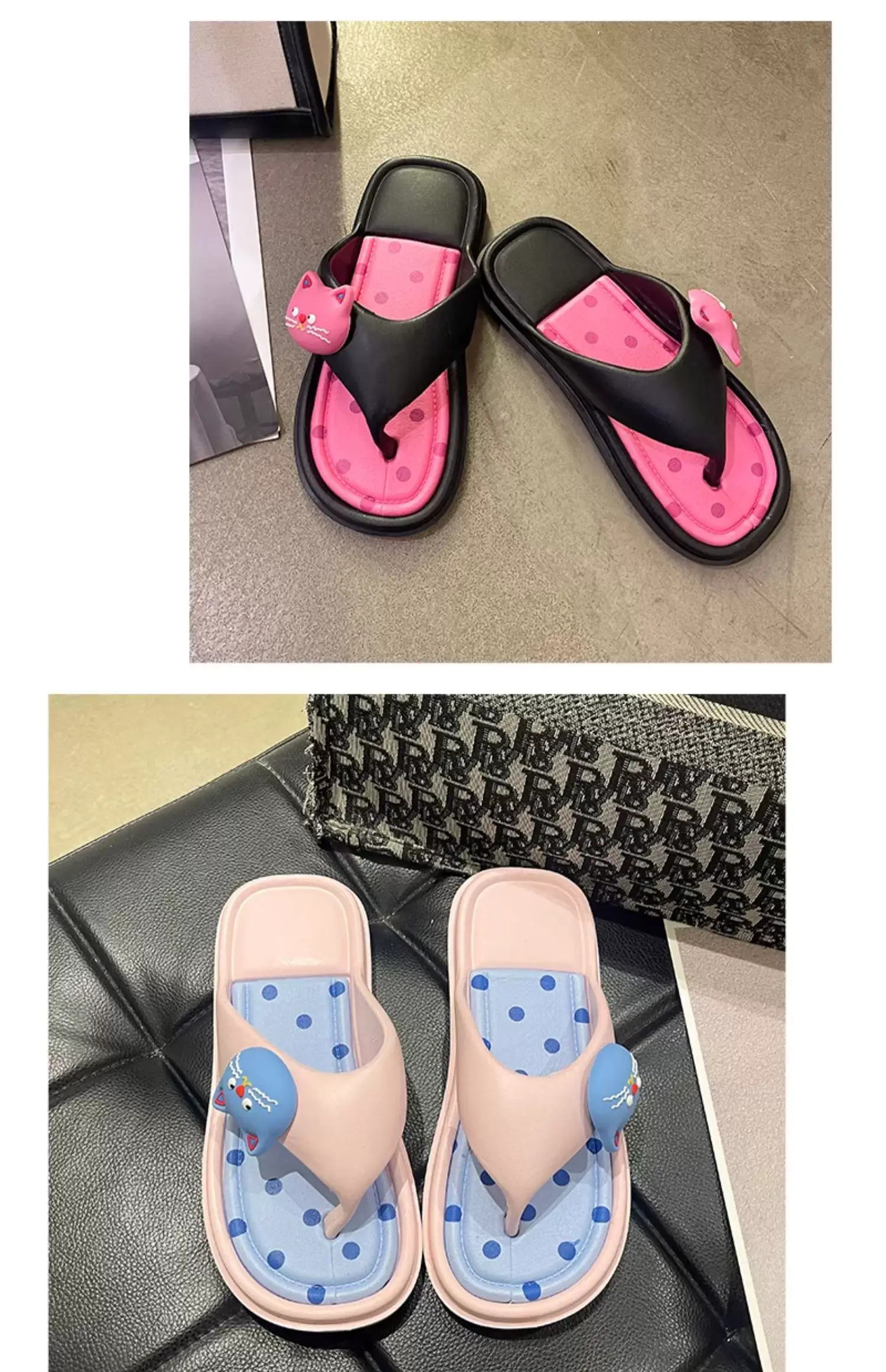 Women's Cat Design Sandals Black Pink Flat Slip-On — feature 18