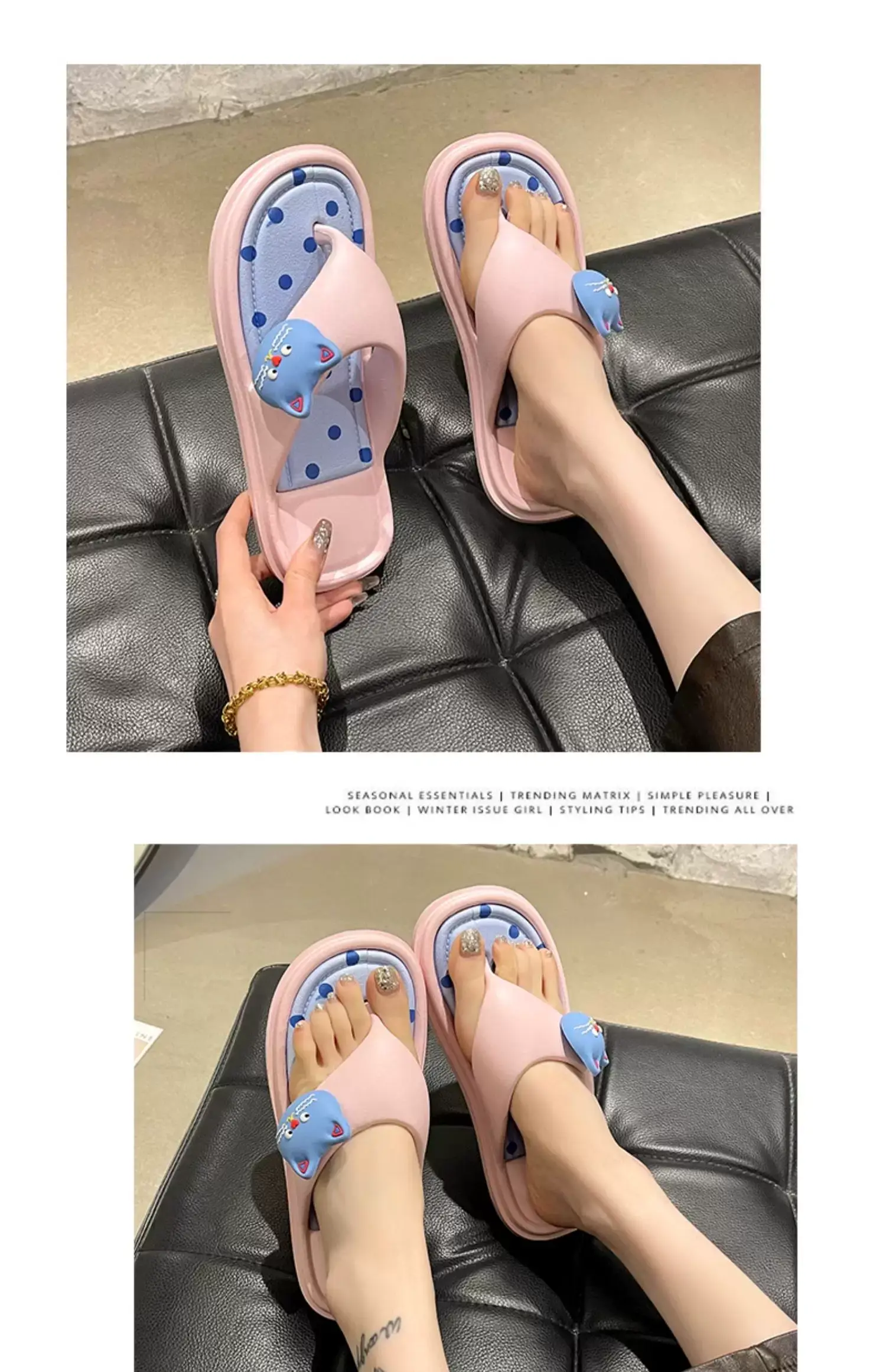 Women's Cat Design Sandals Black Pink Flat Slip-On — feature 4