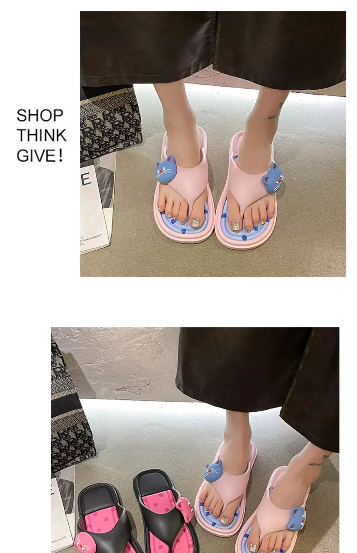 Women's Cat Design Sandals Black Pink Flat Slip-On — feature 8
