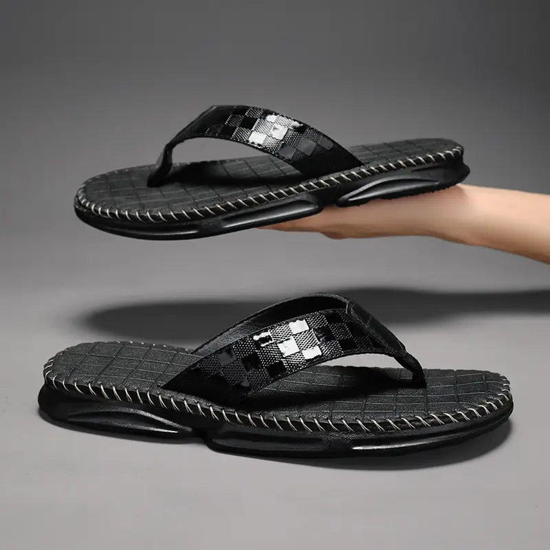 2024 Men's Black Checkered Beach Flip Flops - Image 6