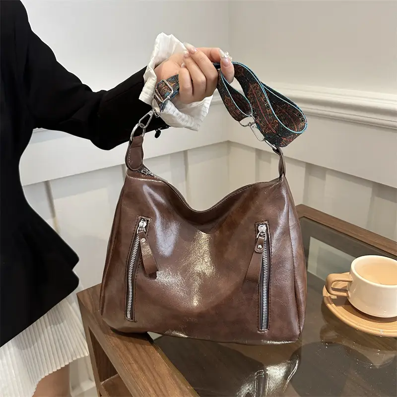 Brown Leather Shoulder Bag with Colorful Strap for Women - Image 5