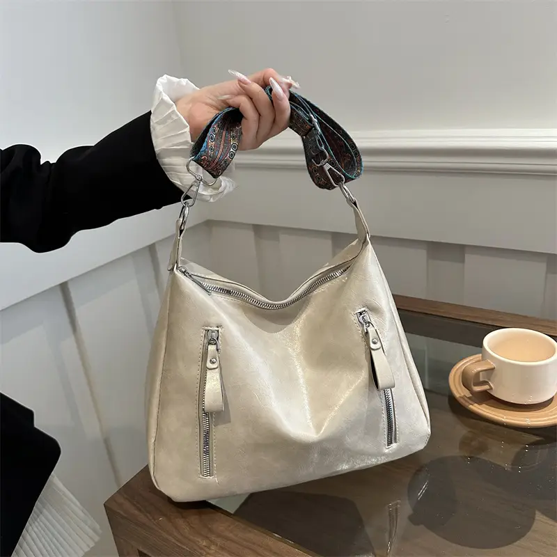 Brown Leather Shoulder Bag with Colorful Strap for Women - Image 6