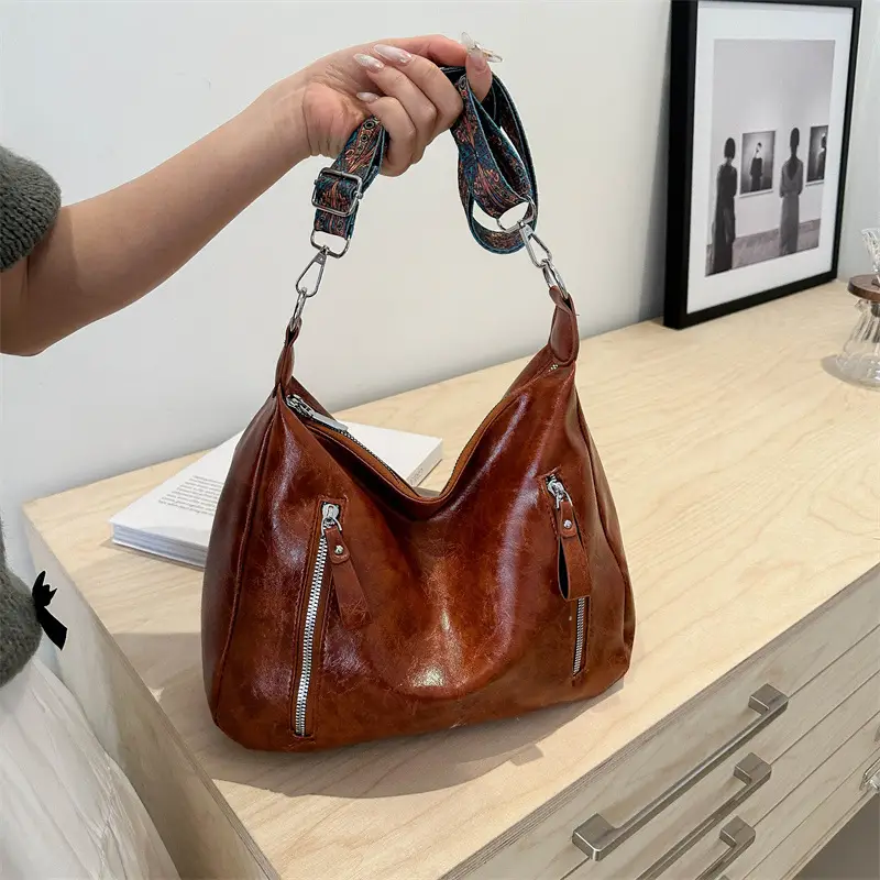 Brown Leather Shoulder Bag with Colorful Strap for Women - Image 8
