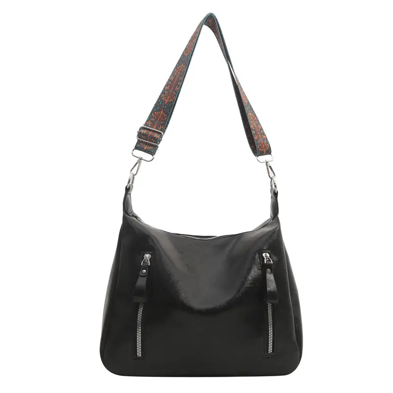 Brown Leather Shoulder Bag with Colorful Strap for Women - Image 9