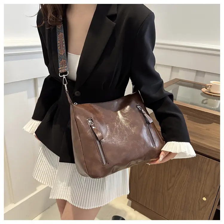 Brown Leather Shoulder Bag with Colorful Strap for Women — feature 11