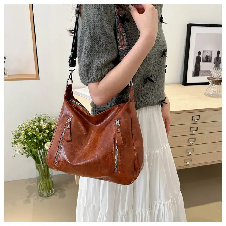 Brown Leather Shoulder Bag with Colorful Strap for Women — feature 14