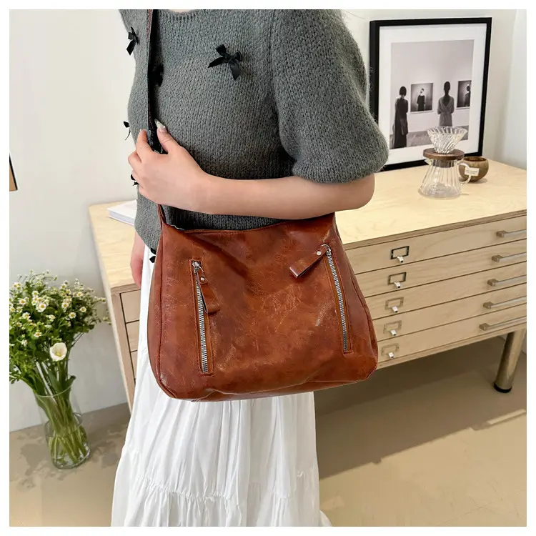 Brown Leather Shoulder Bag with Colorful Strap for Women — feature 16