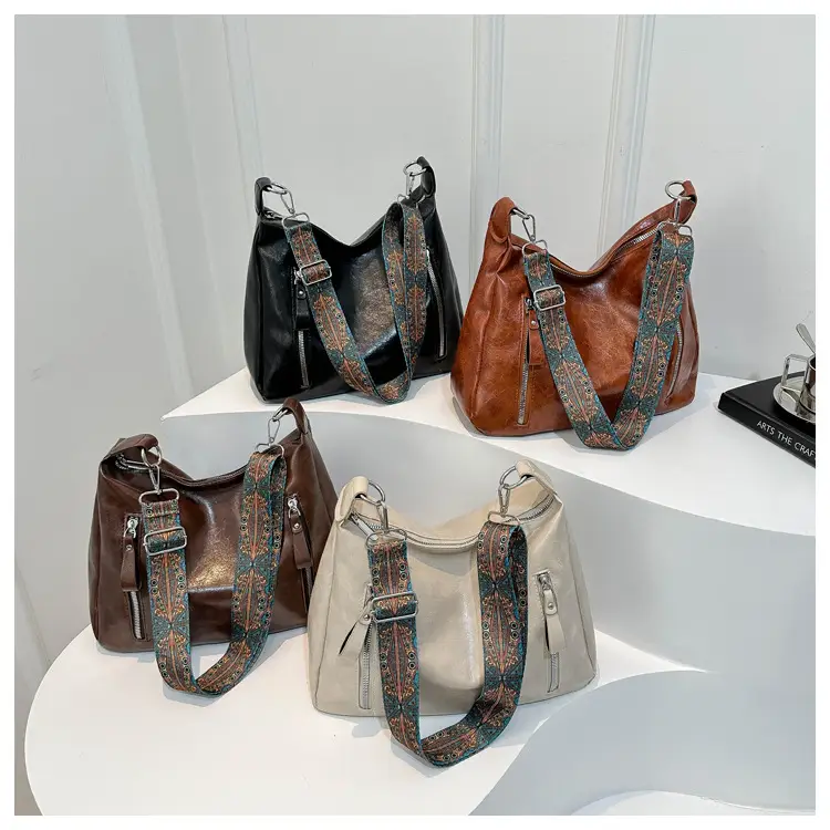 Brown Leather Shoulder Bag with Colorful Strap for Women — feature 20