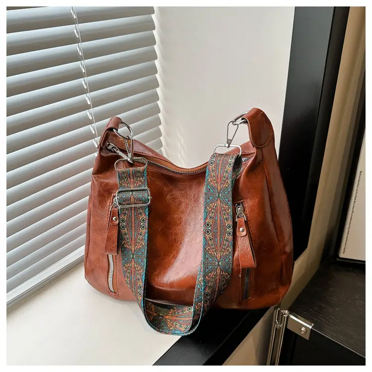 Brown Leather Shoulder Bag with Colorful Strap for Women — feature 21