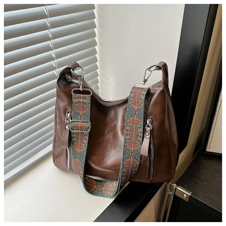 Brown Leather Shoulder Bag with Colorful Strap for Women — feature 22