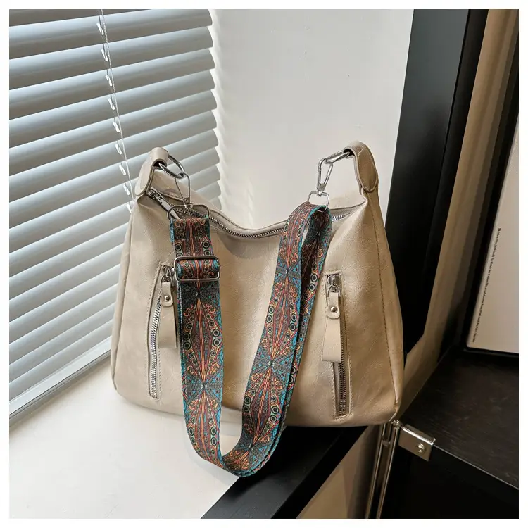 Brown Leather Shoulder Bag with Colorful Strap for Women — feature 23