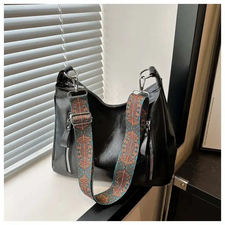Brown Leather Shoulder Bag with Colorful Strap for Women — feature 24