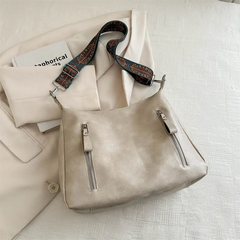 Brown Leather Shoulder Bag with Colorful Strap for Women - Image 2