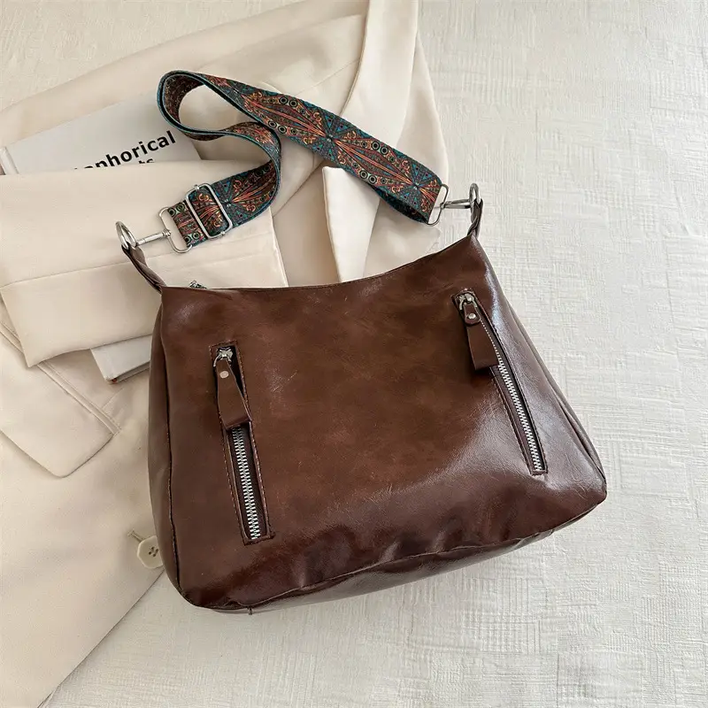 Brown Leather Shoulder Bag with Colorful Strap for Women - Image 3