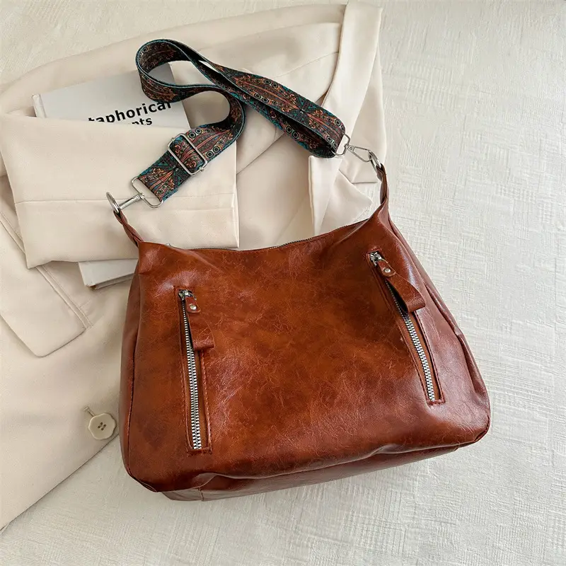 Brown Leather Shoulder Bag with Colorful Strap for Women - Image 4