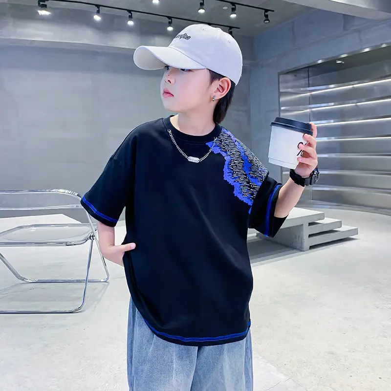 Boys Summer Color Block Pure Cotton T-Shirt 2026 - Image 2