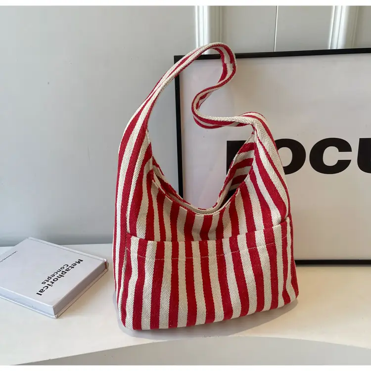Women Striped Canvas Bucket Bag Red White 2024 Spring - Image 3