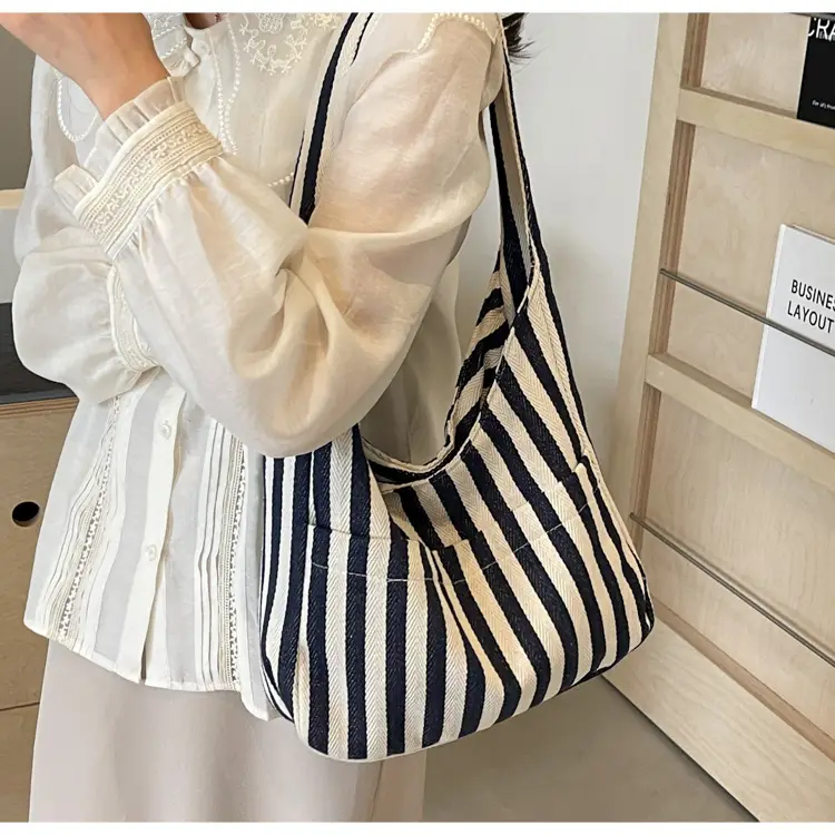 Women Striped Canvas Bucket Bag Red White 2024 Spring - Image 5