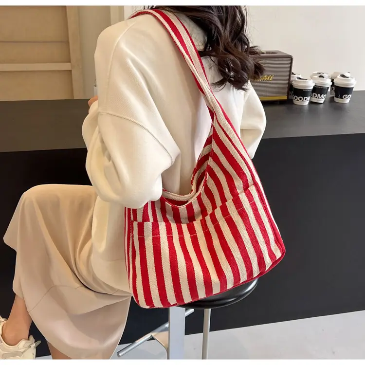 Women Striped Canvas Bucket Bag Red White 2024 Spring - Image 6
