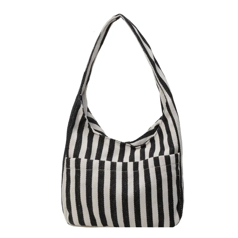 Women Striped Canvas Bucket Bag Red White 2024 Spring - Image 7