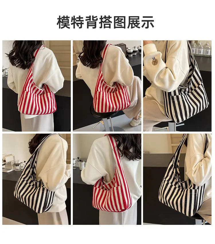 Women Striped Canvas Bucket Bag Red White 2024 Spring — feature 10