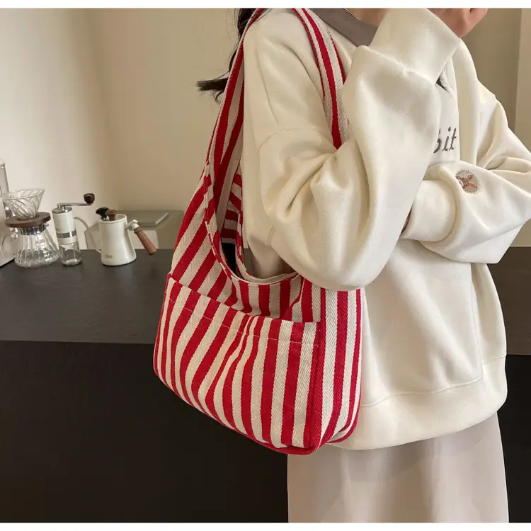 Women Striped Canvas Bucket Bag Red White 2024 Spring — feature 11