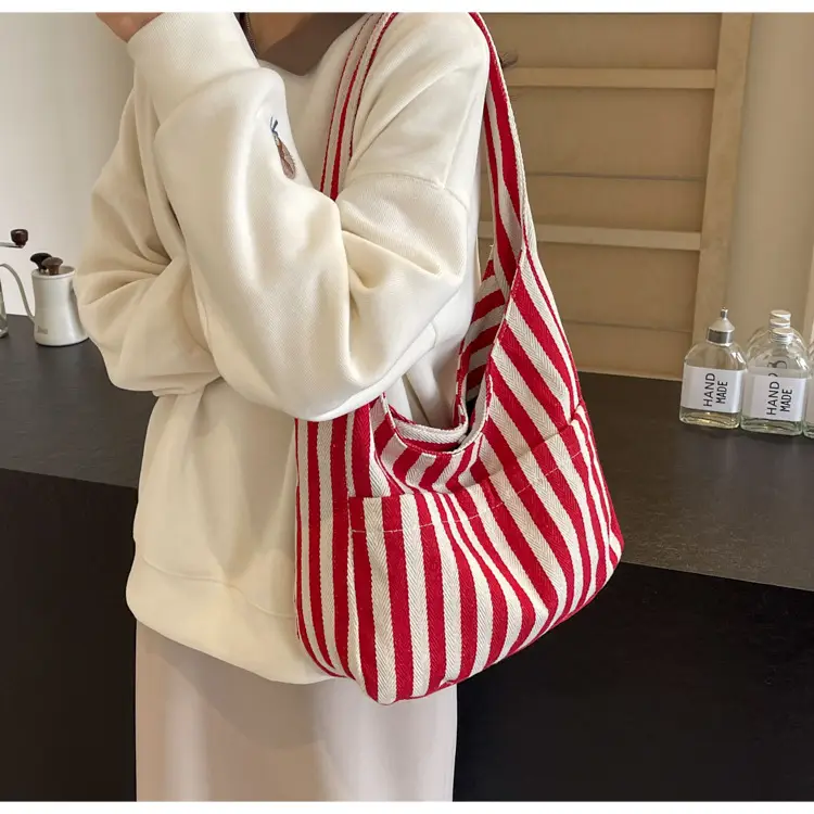 Women Striped Canvas Bucket Bag Red White 2024 Spring — feature 13