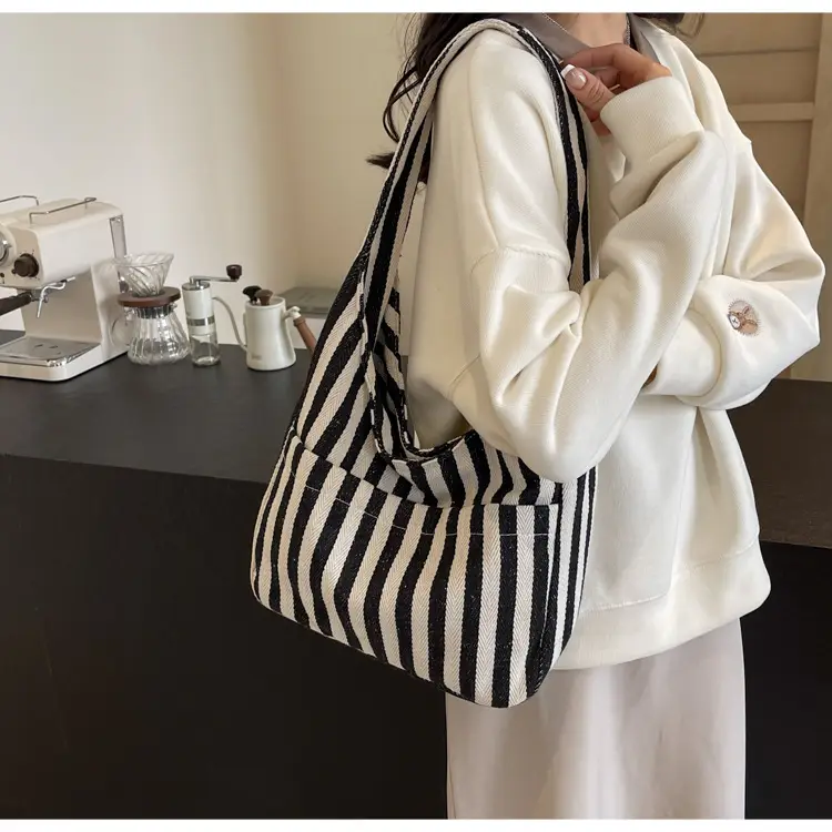 Women Striped Canvas Bucket Bag Red White 2024 Spring — feature 15