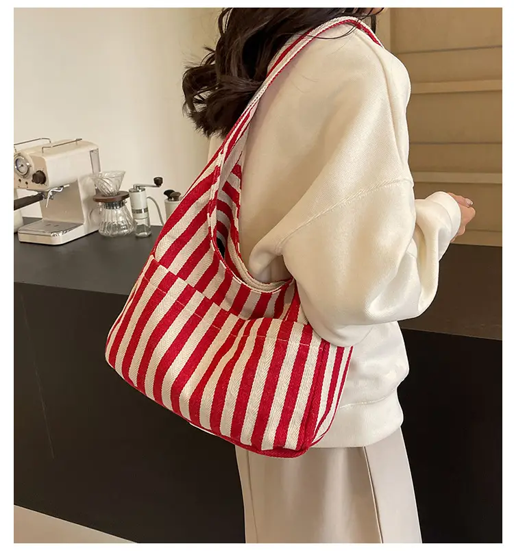Women Striped Canvas Bucket Bag Red White 2024 Spring — feature 2