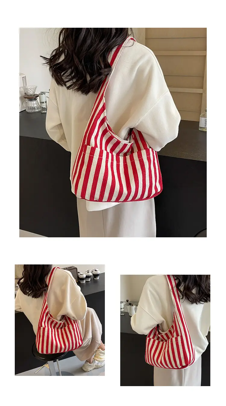 Women Striped Canvas Bucket Bag Red White 2024 Spring — feature 23