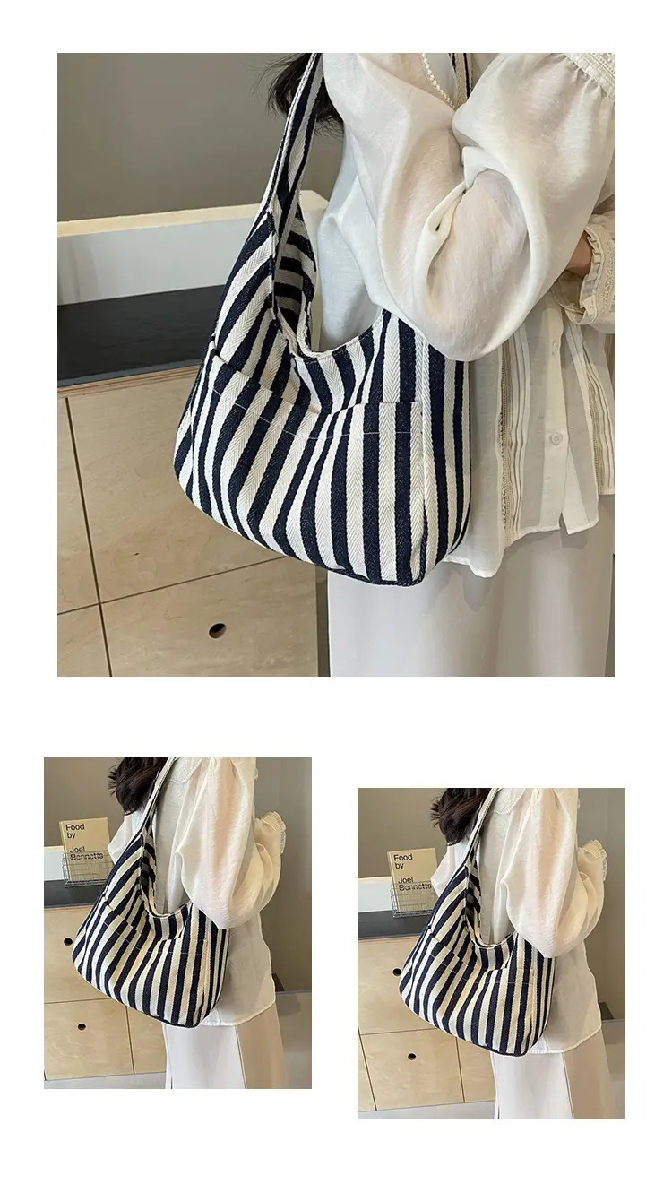 Women Striped Canvas Bucket Bag Red White 2024 Spring — feature 24