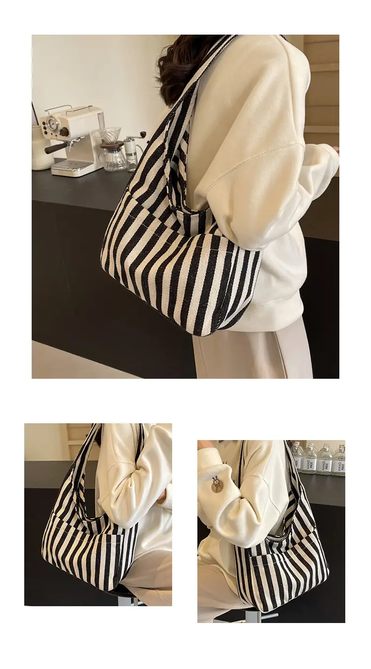 Women Striped Canvas Bucket Bag Red White 2024 Spring — feature 25