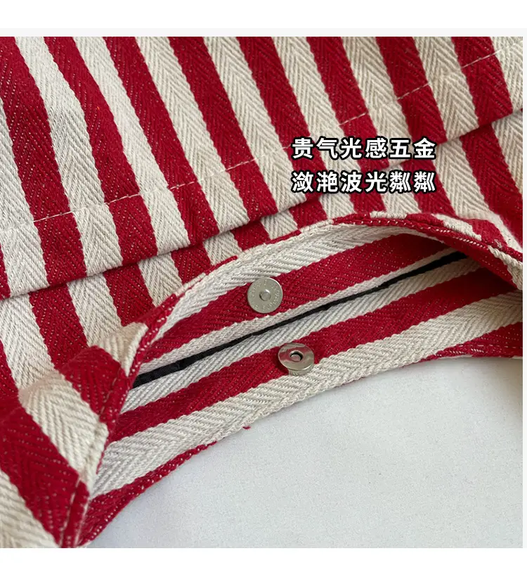 Women Striped Canvas Bucket Bag Red White 2024 Spring — feature 4