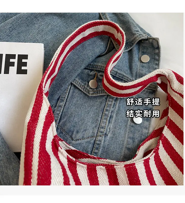 Women Striped Canvas Bucket Bag Red White 2024 Spring — feature 5