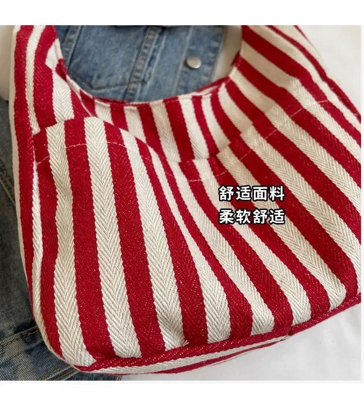 Women Striped Canvas Bucket Bag Red White 2024 Spring — feature 6