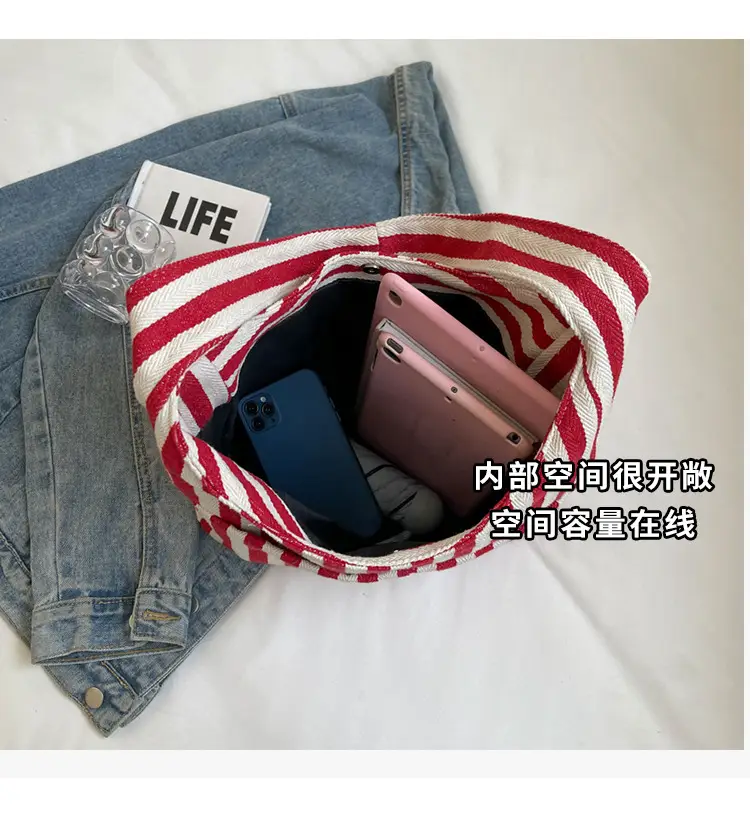 Women Striped Canvas Bucket Bag Red White 2024 Spring — feature 8