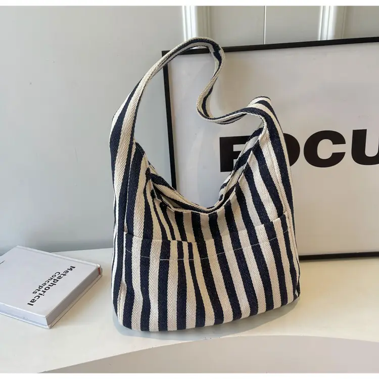 Women Striped Canvas Bucket Bag Red White 2024 Spring - Image 2