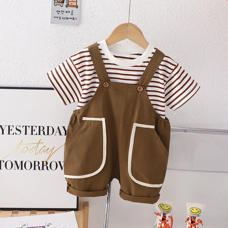 Boys Summer Strappy T-Shirt Shorts Set Brown Striped - Image 2