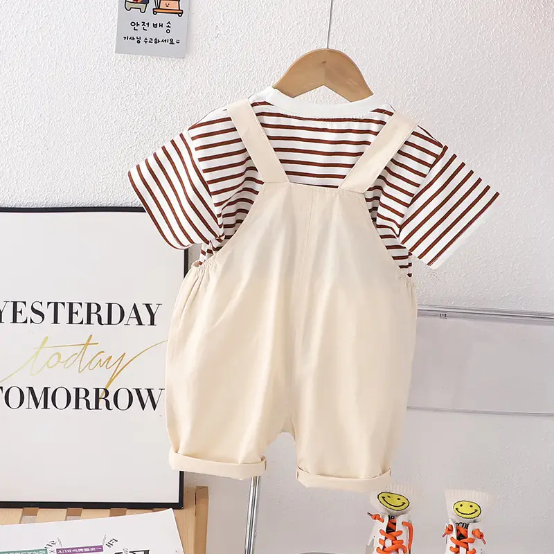 Boys Summer Strappy T-Shirt Shorts Set Brown Striped - Image 4